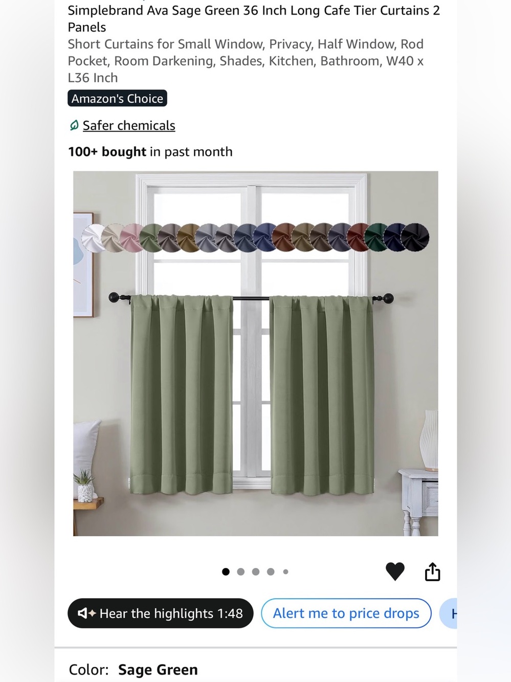 Sage Green Cafe Curtains - 2 Panel Rod Pocket Set